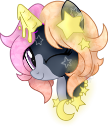 Size: 785x919 | Tagged: safe, artist:pure-blue-heart, derpibooru import, oc, oc only, oc:celeste goldrush, food pony, ice cream pony, unicorn, closed species, female, gift art, glowing, horn, ice cream, mare, one eye closed, simple background, stars, transparent background, unicorn oc, wink