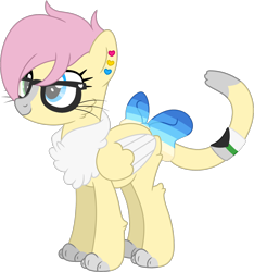 Size: 1518x1621 | Tagged: safe, artist:pure-blue-heart, derpibooru import, oc, oc:banana smoothie, cat, cat pony, hybrid, original species, pegasus, blue eyes, bow, butt fluff, cat tail, cheek fluff, chest fluff, colored wings, demiromantic pride flag, ear piercing, earring, female, glasses, green eyes, heterochromia, jewelry, leg fluff, mare, panromantic pride flag, paws, pegasus oc, piercing, pink hair, pridesona, short hair, simple background, tail, tail bow, tail wrap, transparent background, uranic pride flag, whiskers, wings
