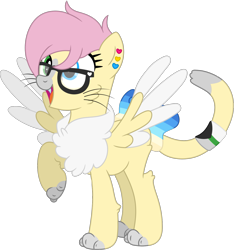 Size: 1563x1669 | Tagged: safe, artist:pure-blue-heart, derpibooru import, oc, oc only, oc:banana smoothie, cat, cat pony, hybrid, original species, pegasus, blue eyes, butt fluff, cat tail, cheek fluff, chest fluff, colored wings, demiromantic pride flag, ear piercing, earring, fangs, female, glasses, green eyes, heterochromia, jewelry, leg fluff, mare, open mouth, panromantic pride flag, paws, pegasus oc, piercing, pink mane, pridesona, simple background, spread wings, tail, transparent background, uranic pride flag, whiskers, wings