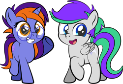 Size: 1280x881 | Tagged: safe, artist:alexdti, derpibooru import, oc, oc only, oc:bright comet, oc:violet moonlight, pegasus, pony, unicorn, colt, female, filly, foal, glasses, male, simple background, transparent background