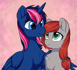 Size: 3507x3166 | Tagged: safe, artist:lina, artist:megabait, derpibooru import, oc, oc only, alicorn, earth pony, commission, couple, duo, looking at each other, looking at someone, oc x oc, shipping, smiling, smiling at each other