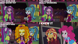 Size: 2000x1125 | Tagged: safe, derpibooru import, edit, edited screencap, editor:quoterific, screencap, adagio dazzle, aria blaze, pinkie pie, sonata dusk, sunset shimmer, better together, equestria girls, sunset's backstage pass!, the dazzlings