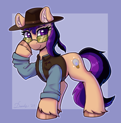 Size: 2480x2520 | Tagged: safe, artist:dandy, derpibooru import, oc, oc only, oc:fila brightspark, earth pony, pony, clothes, ear fluff, ears, earth pony oc, female, glasses, hat, high res, looking at you, ponytail, shirt, simple background, smiling, solo, unshorn fetlocks, vest