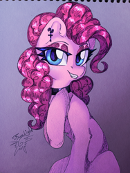 Size: 3072x4080 | Tagged: safe, artist:jsunlight, derpibooru import, pinkie pie, earth pony, pony, choker, ear piercing, lidded eyes, looking at you, piercing, smiling, smiling at you, solo