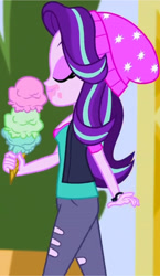 Size: 1778x3072 | Tagged: safe, derpibooru import, screencap, starlight glimmer, human, equestria girls, mirror magic, spoiler:eqg specials, beanie, breasts, canterlot mall, cropped, eyes closed, female, food, hat, ice cream, ice cream cone, smiling, solo, that human sure does love ice cream, that pony sure does love ice cream, watch