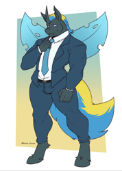 Size: 3602x5048 | Tagged: safe, artist:rook_kowa, derpibooru import, oc, oc:king regal, anthro, changeling, unguligrade anthro, changeling oc, clothes, double colored changeling, male, solo, suit