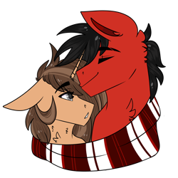 Size: 5000x5000 | Tagged: safe, artist:dejja-vu122, derpibooru import, oc, oc only, earth pony, pony, unicorn, clothes, female, male, mare, scarf, shared clothing, shared scarf, stallion, striped scarf