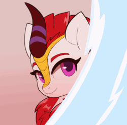 Size: 800x793 | Tagged: safe, artist:renabu, derpibooru import, oc, oc only, oc:petal pyre, kirin, nirik, animated, blinking, bust, chest fluff, colored chest fluff, female, icon, kirin oc, lidded eyes, looking at you, mare, portrait, solo, sparkles, talking to viewer, transformation, windswept mane