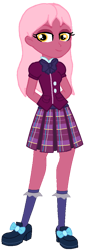 Size: 438x1272 | Tagged: safe, alternate version, artist:rainbowstarcolour262, derpibooru import, oc, oc only, oc:taffycoat, human, equestria girls, alternate hairstyle, arm behind back, bowtie, clothes, crystal prep academy uniform, eyeshadow, female, long hair, looking at you, makeup, plaid skirt, pleated skirt, school uniform, shirt, shoes, simple background, skirt, smiling, socks, solo, standing, transparent background