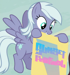 Size: 442x474 | Tagged: safe, derpibooru import, screencap, pegasus, pony, g4, season 6, to where and back again, background pony, cloud, cropped, dusk drift, female, flying, grin, mare, mouth hold, sign, sky, smiling, solo, spread wings, tail, wings