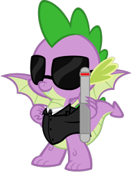 Size: 1688x2124 | Tagged: safe, artist:ponygamer2020, derpibooru import, spike, dragon, agent sp, clothes, cool, crossover, dragon in black, looking at you, male, men in black, neuralizer, simple background, smiling, smiling at you, solo, spread wings, suit, sunglasses, transparent background, updated design, vector, winged spike, wings