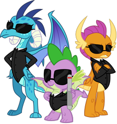 Size: 5672x6034 | Tagged: safe, artist:ponygamer2020, derpibooru import, princess ember, smolder, spike, dragon, agent pe, agent sm, agent sp, badass, claws, clothes, cool, crossed arms, crossover, dragon in black, dragon trio, dragoness, female, folded wings, group, grumpy, hands on waist, horn, looking at you, male, men in black, narrowed eyes, neuralizer, pouting, simple background, smiling, smiling at you, spread wings, suit, sunglasses, tail, teenaged dragon, teenager, transparent background, trio, vector, winged spike, wings