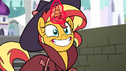 Size: 600x338 | Tagged: safe, artist:noikincade67, derpibooru import, sunset shimmer, pony, unicorn, brick wall, canterlot, clothes, detective, detective shimmer, fedora, female, hat, smiling, solo, trenchcoat