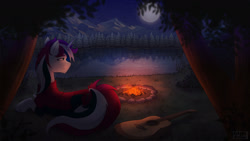 Size: 1280x720 | Tagged: safe, artist:alicetriestodraw, derpibooru import, oc, oc only, pony, unicorn, armor, campfire, commission, forest, full moon, guitar, lake, lying down, male, moon, musical instrument, night, prone, solo, stallion, water