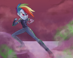 Size: 3000x2400 | Tagged: safe, artist:nightglowfan, derpibooru import, rainbow dash, equestria girls, alternate timeline, amputee, apocalypse dash, clothes, crystal war timeline, facial scar, female, fighting stance, prosthetic arm, prosthetic limb, prosthetics, scar, soldier, solo, uniform