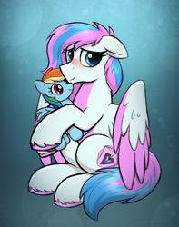 Size: 2774x3520 | Tagged: safe, artist:selenophile, derpibooru import, rainbow dash, oc, oc:dyn, pegasus, pony, colored wings, cute, multicolored hair, multicolored mane, multicolored wings, pegasus oc, plushie, shy, snuggling, spread wings, wings