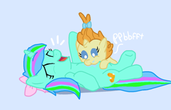 Size: 1080x696 | Tagged: safe, artist:princessdestiny200i, derpibooru import, pumpkin cake, pony, unicorn, baby, baby pony, babysitting, blue background, bow, drool, duo, foal, foalsitter, foalsitting, hair bow, kissing, laughing, lying down, multicolored mane, on back, onomatopoeia, raised hoof, raised leg, raspberry, simple background, sucking, tickling, tongue, tongue out, tummy buzz