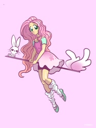 Size: 2048x2732 | Tagged: safe, artist:pfeffaroo, derpibooru import, angel bunny, fluttershy, human, equestria girls, broom, clothes, dress, duo, flying, flying broomstick, pink background, simple background