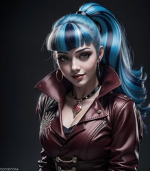 Size: 896x1024 | Tagged: safe, ai content, derpibooru import, generator:stable diffusion, machine learning generated, sonata dusk, human, blue hair, breasts, bust, cleavage, clothes, ear piercing, earring, female, generator:duchaitendarkside v40, generator:mlp sonatadusk-10, gray background, gray eyes, humanized, jacket, jewelry, lipstick, looking at you, multicolored hair, necklace, piercing, ponytail, portrait, prompter:marusame, realistic, shirt, simple background, smiling, solo, upper body