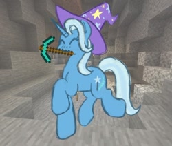 Size: 748x634 | Tagged: safe, artist:mossyfig, derpibooru import, trixie, pony, unicorn, bone, cave, crossover, cute, diamond pickaxe, diatrixes, eyes closed, minecraft, mouth hold, pickaxe, skeleton, solo