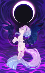 Size: 1679x2700 | Tagged: safe, artist:breloomsgarden, derpibooru import, oc, oc only, pegasus, pony, commission, eclipse, flying, galaxy, long tail, moon, ponytail, smiling, solo, spread wings, stars, tail, unshorn fetlocks, wings