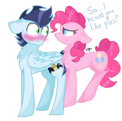 Size: 1650x1634 | Tagged: safe, artist:gallantserver, derpibooru import, pinkie pie, soarin', pony, blushing, female, male, shipping, simple background, soarinpie, straight, transparent background