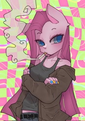 Size: 1441x2048 | Tagged: safe, artist:qiwi, derpibooru import, pinkie pie, anthro, belt, cigarette, clothes, jacket, nail polish, pinkamena diane pie, smoking, solo, tanktop