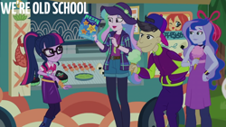 Size: 2000x1125 | Tagged: safe, derpibooru import, edit, edited screencap, editor:quoterific, screencap, cranky doodle donkey, princess celestia, princess luna, principal celestia, sci-twi, twilight sparkle, vice principal luna, better together, equestria girls, the road less scheduled