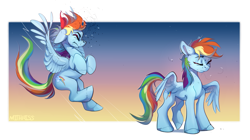 Size: 3393x1905 | Tagged: safe, artist:mithriss, derpibooru import, rainbow dash, fly, insect, pegasus, pony, comic, female, flying, majestic as fuck, mare, solo, spread wings, squint, sunset, wings