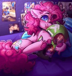 Size: 2226x2320 | Tagged: safe, artist:yumkandie, derpibooru import, pinkie pie, earth pony, pony, :p, bed, bedroom, ear fluff, ears, female, freckles, frog (hoof), heart, heart eyes, high res, lying down, one eye closed, pillow, smosh, solo, tongue, tongue out, underhoof, unshorn fetlocks, wingding eyes, wink