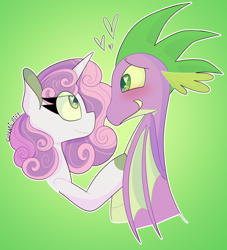 Size: 1280x1409 | Tagged: safe, artist:cosmicriff, derpibooru import, spike, sweetie belle, dragon, pony, unicorn, blushing, female, gradient background, green background, heart, heart eyes, looking at each other, looking at someone, male, mare, older, older spike, shipping, simple background, smiling, spikebelle, straight, wingding eyes, winged spike, wings