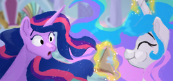 Size: 2000x947 | Tagged: safe, artist:shaslan, derpibooru import, princess celestia, princess twilight 2.0, twilight sparkle, twilight sparkle (alicorn), alicorn, pony, the last problem, bite mark, bread, cheek bulge, duo, eating, ethereal mane, eyes closed, food, glowing, glowing horn, horn, levitation, looking at something, magic, magic aura, older, older twilight, smiling, telekinesis