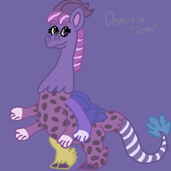 Size: 1000x1000 | Tagged: safe, artist:mintwhistle, derpibooru import, oc, oc only, oc:demisia, draconequus, cloven hooves, draconequus oc, feathered fetlocks, female, four arms, horns, medibang paint, multiple arms, nickname, purple background, simple background, smiling, solo, unshorn fetlocks