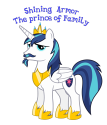 Size: 1831x2143 | Tagged: safe, anonymous artist, derpibooru import, shining armor, alicorn, pony, alicornified, beard, closed mouth, crown, cutie mark, eyebrows, eyelashes, facial hair, folded wings, goatee, happy, hoof shoes, horn, jewelry, looking, looking at you, male, moustache, name, older, older shining armor, prince shining armor, race swap, regalia, royalty, shiningcorn, simple background, solo, stallion, standing, text, transparent background, wings