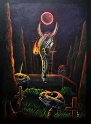 Size: 2610x3535 | Tagged: safe, artist:cahandariella, derpibooru import, oc, earth pony, pegasus, skeleton pony, undead, unicorn, zebra, blood moon, bone, bush, colored pencil drawing, female, full moon, glowing, glowing eyes, grass, grave, gravestone, graveyard, mare, moon, necromancer, newbie artist training grounds, night, skeleton, torch, traditional art, tree, zebra oc