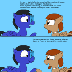 Size: 2000x2000 | Tagged: safe, artist:blazewing, derpibooru import, oc, oc only, oc:blazewing, oc:pecan sandy, pegasus, 2 panel comic, atg 2023, blue background, comic, drawpile, duo, female, glasses, hoofshake, jewelry, male, mare, necklace, newbie artist training grounds, pearl necklace, simple background, smiling, stallion, talking, text