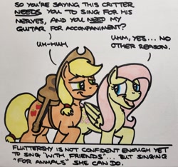 Size: 2048x1913 | Tagged: safe, artist:hoofclid, derpibooru import, applejack, fluttershy, earth pony, pegasus, pony, acoustic guitar, appleshy, blushing, dialogue, duo, female, guitar, lesbian, looking at each other, looking at someone, mare, musical instrument, shipping, smiling, smiling at each other, text box, traditional art