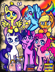 Size: 3400x4400 | Tagged: safe, artist:meowpuffs, derpibooru import, applejack, fluttershy, pinkie pie, rainbow dash, rarity, twilight sparkle, twilight sparkle (alicorn), alicorn, bird, butterfly, earth pony, pegasus, pony, unicorn, apple, applejack's hat, bag, book, clothes, cowboy hat, cute, dashabetes, diapinkes, female, flying, food, group, hat, high res, horn, jackabetes, looking at you, mane six, mare, open mouth, open smile, purse, raribetes, sextet, shyabetes, signature, smiling, smiling at you, spread wings, stars, twiabetes, wings