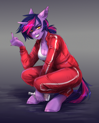 Size: 1800x2250 | Tagged: safe, artist:serodart, derpibooru import, oc, oc only, oc:lina phantom, anthro, unicorn, alcohol, bottle, clothes, commission, drink, female, gopnik, looking at you, not twilight sparkle, smiling, smiling at you, solo, tracksuit, vodka