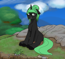 Size: 1200x1080 | Tagged: safe, artist:terminalhash, derpibooru import, oc, oc:terminalhash, pony, unicorn, cloud, forest, mountain, snorting, solo