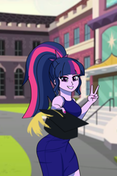 Size: 2000x3000 | Tagged: safe, alternate version, artist:artevi, derpibooru import, sci-twi, twilight sparkle, human, equestria girls, atg 2023, canterlot high, clothes, dress, graduation, graduation cap, hat, missing accessory, newbie artist training grounds, no glasses, peace sign, smiling, solo