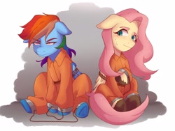 Size: 3072x2304 | Tagged: safe, artist:_saharts, derpibooru import, fluttershy, rainbow dash, bound wings, chained, chains, clothes, commissioner:rainbowdash69, cuffs, duo, jumpsuit, never doubt rainbowdash69's involvement, prison outfit, prisoner ft, prisoner rd, shackles, sitting, wings