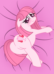 Size: 1021x1386 | Tagged: safe, artist:rayodragon, artist:tanahgrogot, derpibooru import, oc, oc:annisa trihapsari, earth pony, pony, adorasexy, annibutt, blushing, butt, cute, daaaaaaaaaaaw, ears, earth pony oc, female, floppy ears, looking at you, looking back, looking back at you, mare, open mouth, pink background, plot, sexy, simple background, smiling, smiling at you, solo
