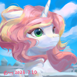 Size: 2300x2300 | Tagged: safe, artist:rily, derpibooru import, oc, pony, unicorn, green eyes, looking up, pink hair, sky, solo