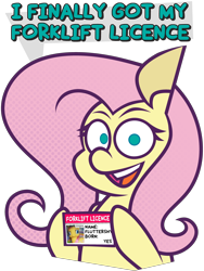 Size: 3384x4510 | Tagged: safe, artist:threetwotwo32232, derpibooru import, fluttershy, pegasus, pony, female, forklift certfied, id card, license, looking at you, mare, meme, simple background, solo, transparent background