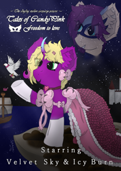 Size: 2894x4093 | Tagged: safe, artist:spiroudada, derpibooru import, oc, oc only, oc:velvet sky, bird, pony, unicorn, boat, bow, castle, clothes, crossdressing, cute, male, movie poster, night, pink, pink dress, princess, smiling, solo, stallion, stars