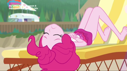 Size: 1136x640 | Tagged: safe, derpibooru import, screencap, pinkie pie, human, equestria girls, equestria girls series, friendship math, barefoot, beach, beach chair, chair, clothes, eyes closed, feet, female, hands on belly, hungry, one-piece swimsuit, pinkie pie swimsuit, solo, swimsuit