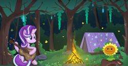 Size: 2705x1396 | Tagged: safe, artist:weiling, derpibooru import, starlight glimmer, butterfly, pony, unicorn, campfire, crossover, cute, female, flower, forest, glowing, guitar, leaf, mare, musical instrument, night, plants vs zombies, simple background, sitting, solo, sunflower, tree