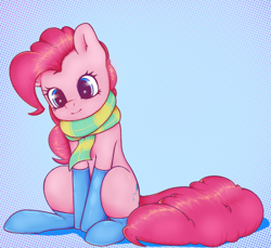 Size: 782x716 | Tagged: safe, artist:mrweirdo, derpibooru import, pinkie pie, earth pony, pony, clothes, female, scarf, socks, solo, striped scarf