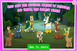 Size: 1957x1300 | Tagged: safe, derpibooru import, idw, blackthorn, bramble, king aspen, deer, advertisement, antlers, clothes, collar, doe, english, female, gameloft, helmet, idw showified, male, mobile game, my little pony: magic princess, official, pathfinder (g4), queen birch, stag, text, unnamed character, unnamed deer